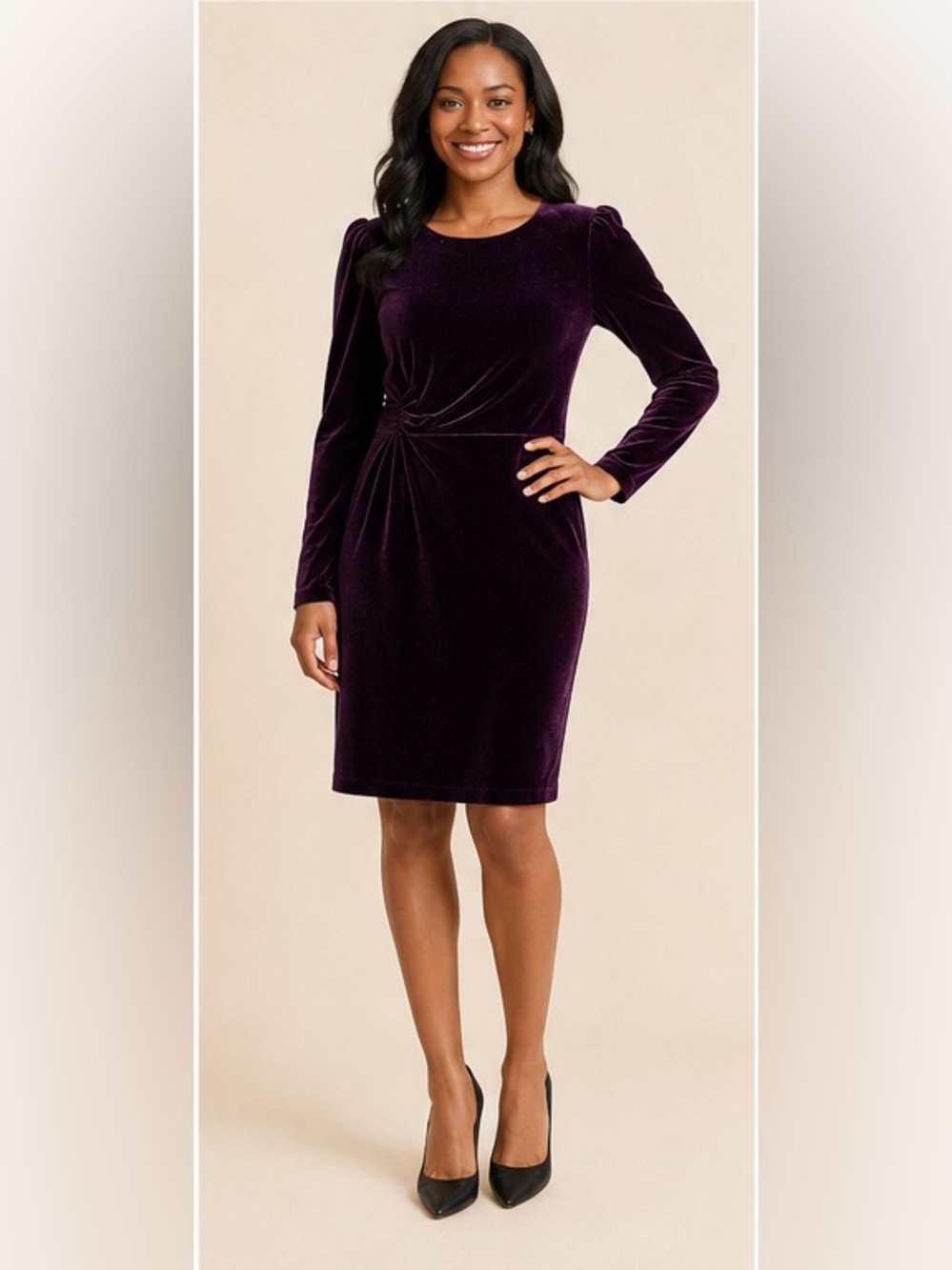 Calvin Klein Long-Sleeve Velvet Twist Waist Dress in Plum